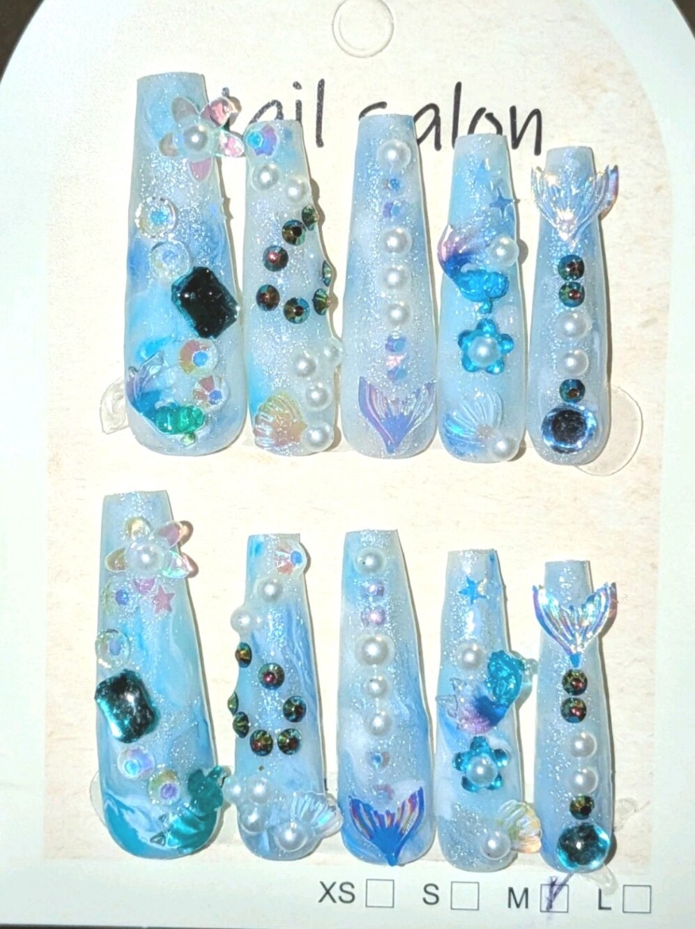 Women's Hand Crafted Mermaid Blue Opal Press-On Nails with Pearls Sz Medium